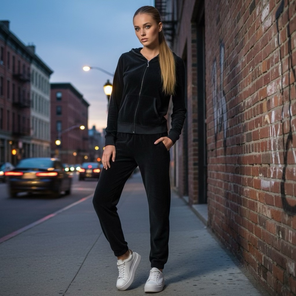 Y2K Vintage Juicy Couture black velour tracksuit. Zip hoodie-tie waist Large.
